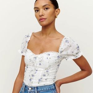 Reformation Miraflores Puff Sleeve Top White Floral 2 NWOT
